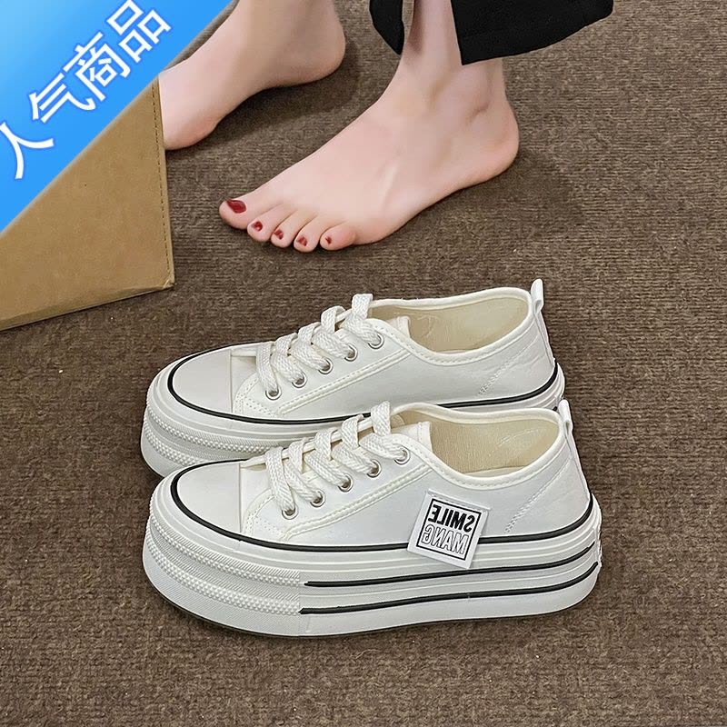 SUNTEK厚底帆布鞋女2023新款夏季松糕鞋百搭增高女鞋运动休闲板鞋小白鞋图片