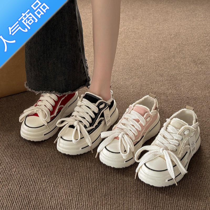 SUNTEK鞋子女春秋帆布鞋2023年新款夏季小白鞋厚底chic百搭小众板鞋高清大图