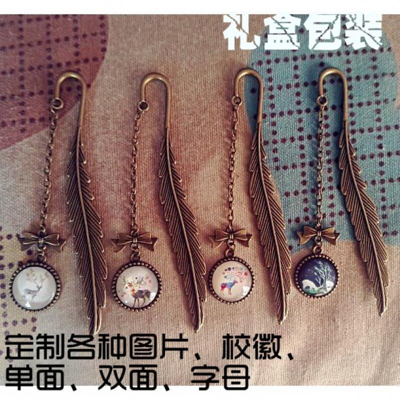 18新款中国风小鹿时光宝石书签复古羽毛书签图片字母照片校徽定制
