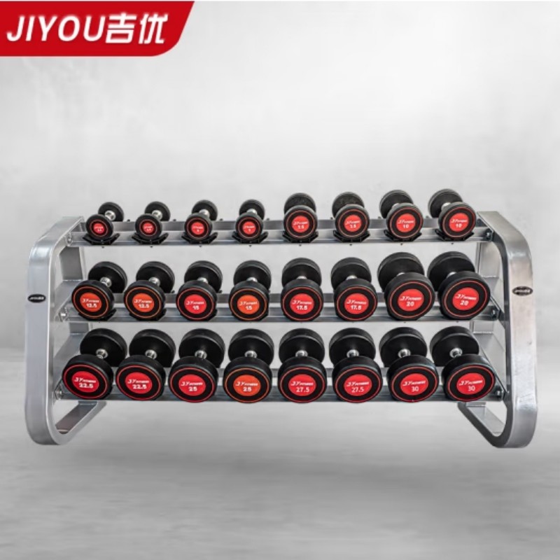 吉优JY-F9005 包胶哑铃固定式哑铃套装力量训练健身房专用12付装含三层哑铃架