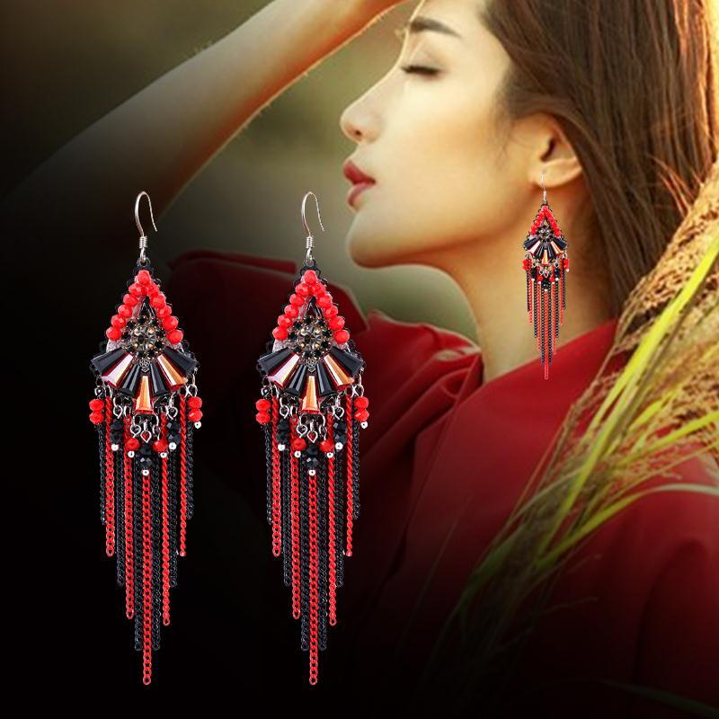 欧美红色流苏耳环女 长款气质夸张复古民族风耳坠时尚新娘耳饰品