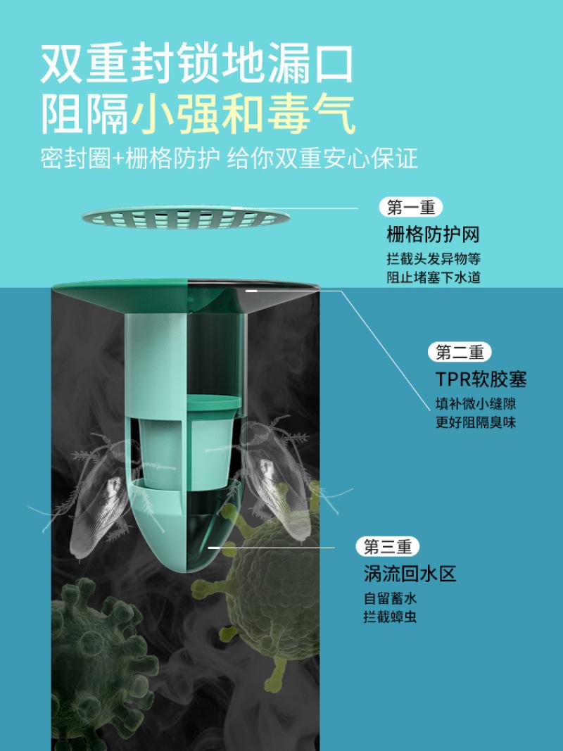 地漏防臭器下水道防臭盖堵口器防反味神器防反水卫生间AB--绿色子弹头防臭地漏--（单个装）高清大图