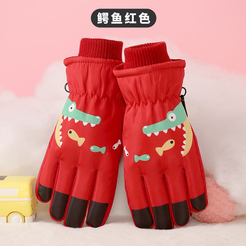 儿童滑雪手套冬季保暖加绒加厚卡通图案户外游玩防水防滑骑行手套 默认尺寸 【鳄鱼红色】儿童滑雪加绒加厚