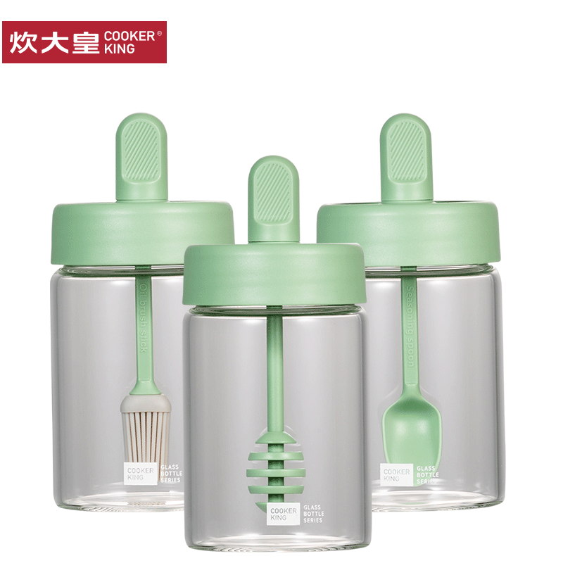 炊大皇圆形玻璃调味罐4件套装厨房用品勺子瓶油刷瓶蜂蜜瓶玻璃油瓶ZQSZH