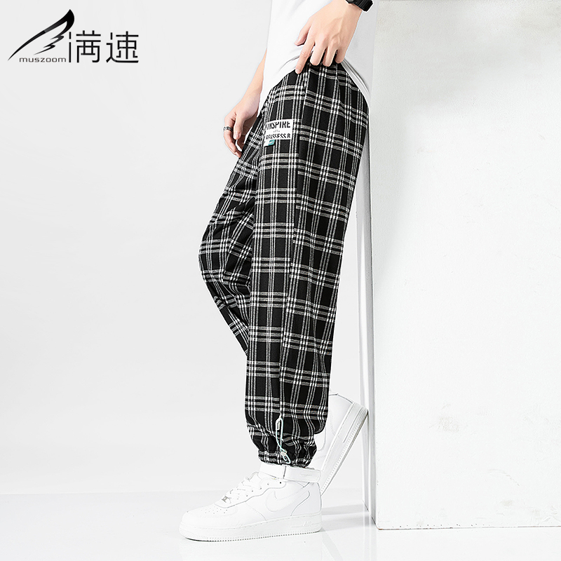 满速男士春秋季宽松休闲裤新款格子裤男运动束脚裤潮流九分裤复古