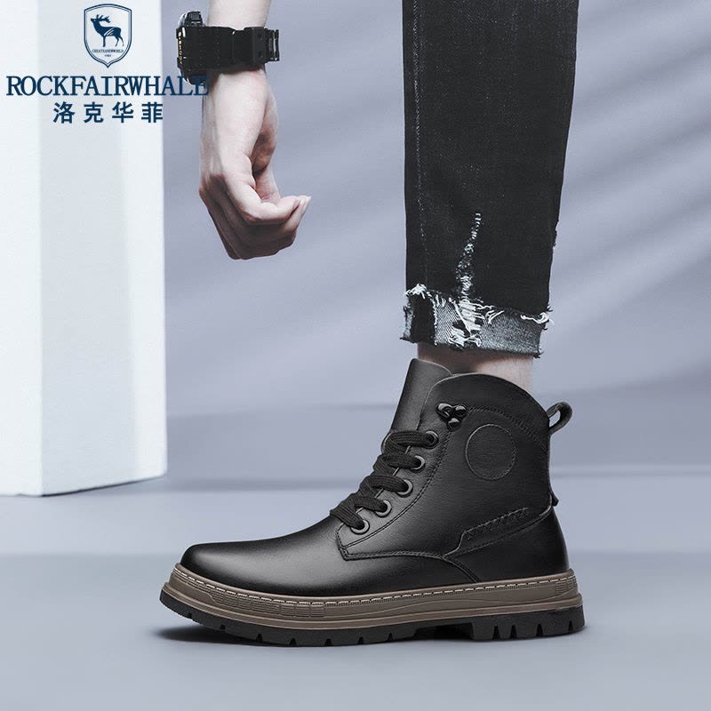 洛克华菲马丁靴男高帮2024中帮男士新款潮男鞋英伦风皮靴男款皮鞋冬季加绒图片