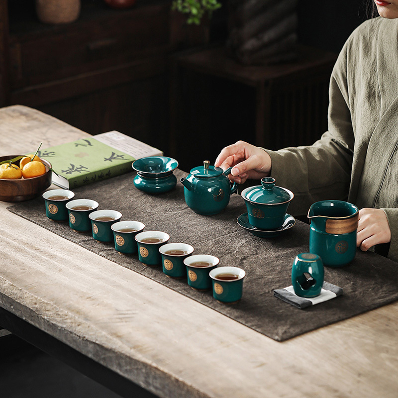 領藝 孔雀绿功夫茶具套装家用办公送礼高档皮盒中式陶瓷泡茶器 招财纳福孔雀绿13头皮盒礼盒装