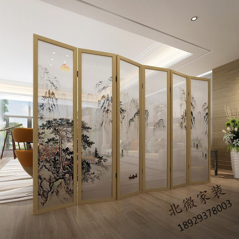 中式复古山水屏风折叠客厅隔断墙卧室实木布艺移动小公寓折屏