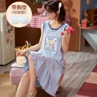背心睡裙女夏季薄款带胸垫棉质韩版学生可爱卡通中长款无袖家居服 C301(带胸垫) M 建议80-100斤