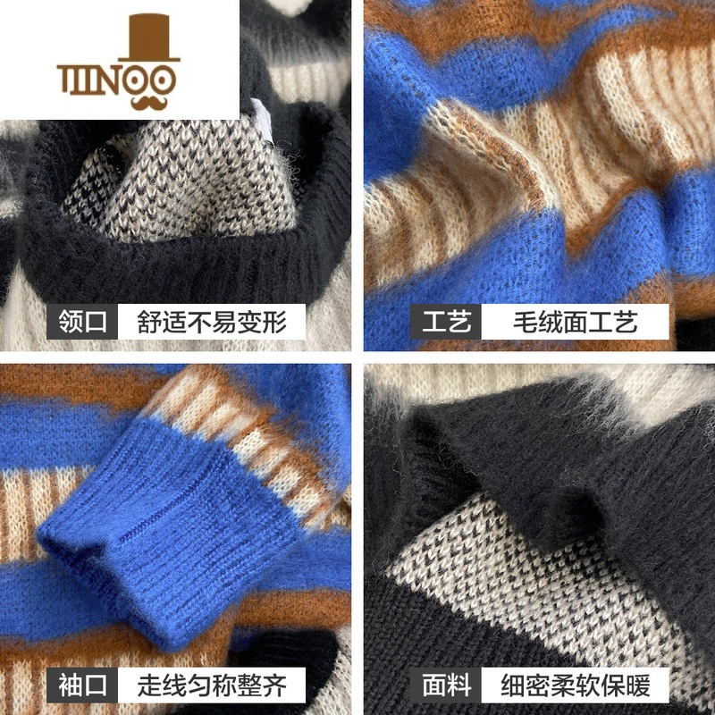 YANXUNOONOZ马海毛条纹日系毛衣男潮牌高街慵懒oversize情侣针织衫高清大图