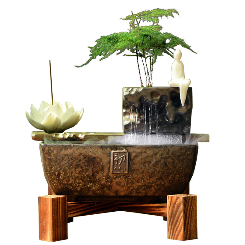 喷雾流水加湿禅意摆件桌面水循环盆景陶瓷假山造景微景观茶室装饰 三维工匠 莲花-初心(送线香)没配高清大图