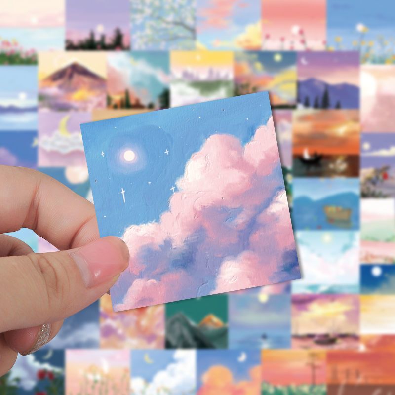 62张风景插画少女心贴纸ins手账素材创意diy手帐贴纸防水自粘贴画