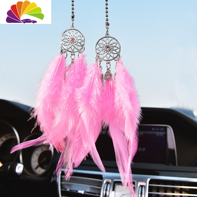 汽车挂件车内装饰品捕梦网车载后视镜挂饰羽毛车挂吊饰品摆件 粉色