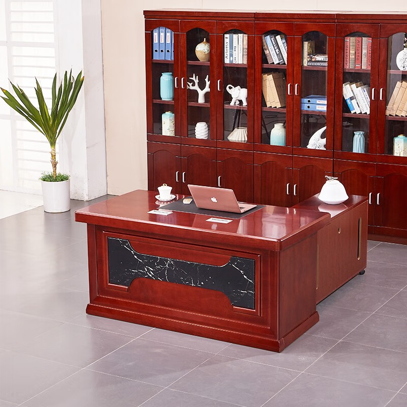 金扎特大班台办公桌总裁桌组合简约现代老板桌椅 红胡桃色 2.4*1.2米班台(含副柜、小柜)高清大图
