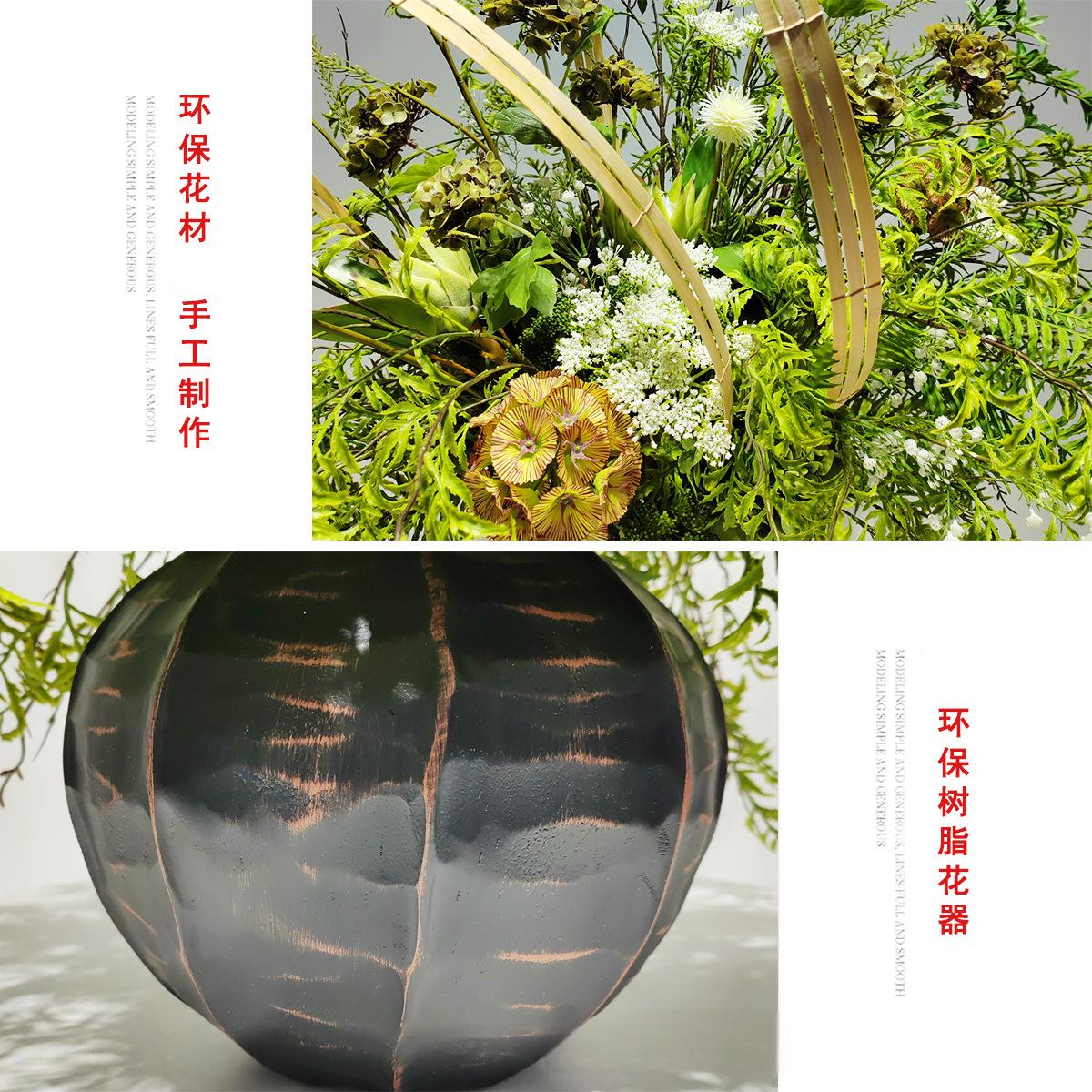 小窝厘 新中式仿真绿植花艺售楼处装饰玄关摆件(树脂花器+仿真花+竹编)货号1400高清大图