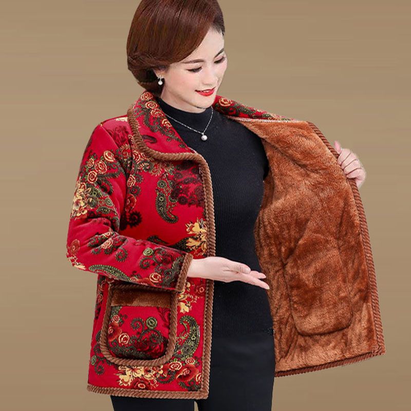 中老年女装棉衣短款翻领保暖加绒加厚奶奶冬装花棉袄老年棉服上衣