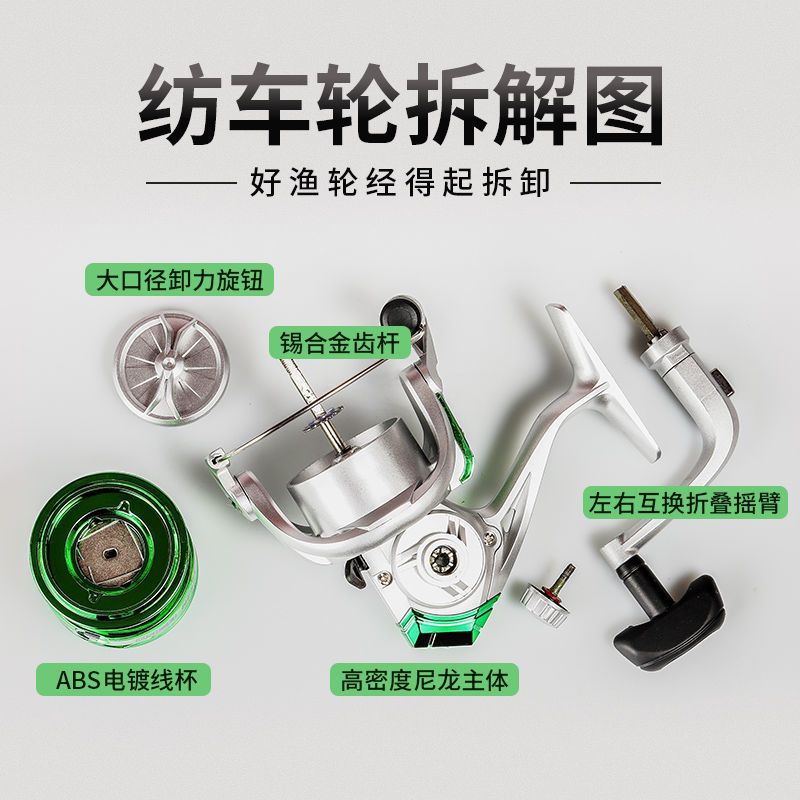 海杆渔轮金属机芯纺车轮鱼线轮路亚轮海竿渔轮渔具用品赠百米鱼线 灰绿-2000型 单要渔轮(无)