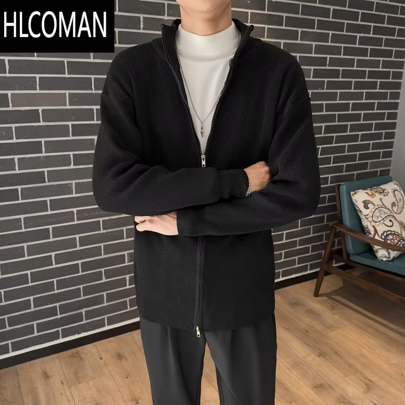HLCOMAN开衫毛衣男日系复古宽松慵懒风针织衫外穿男士拉链线衣外套 XL建议120-130斤 黑色热卖高质量