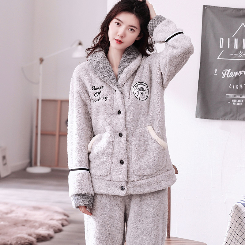 睡衣女秋冬季加厚珊瑚绒可外穿家居服冬天法兰绒可爱加绒毛毛套装