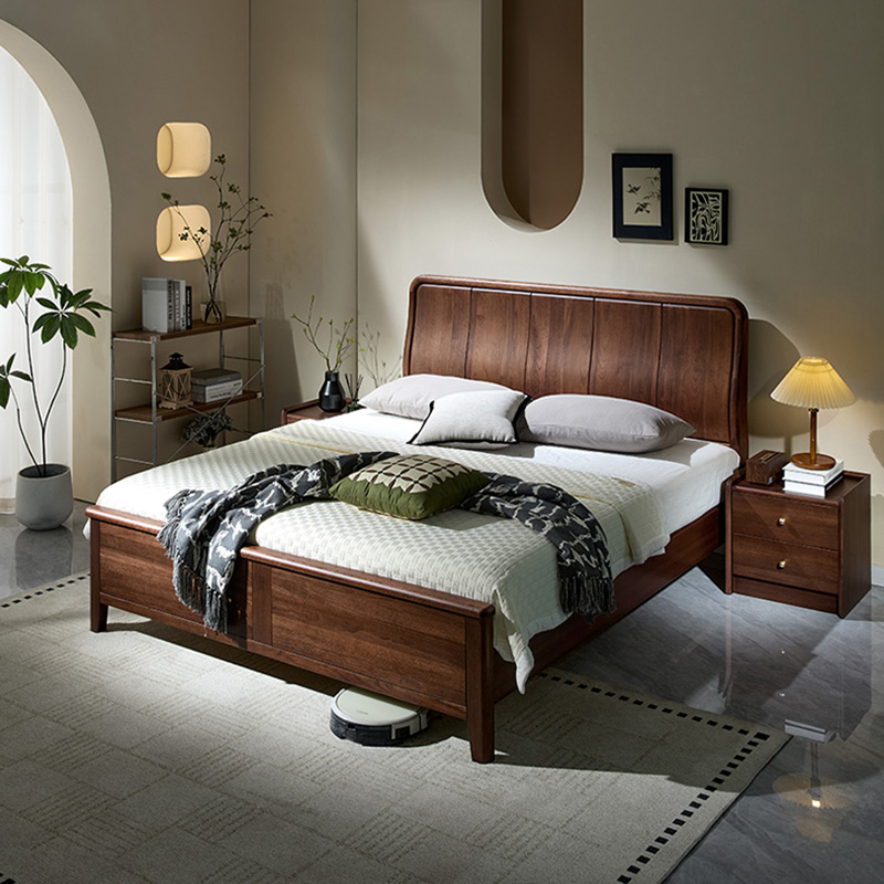 青木川 简约现代胡桃木实木床1.8米双人床1.5米x2m主卧室房间小户型家用休闲成人结婚榫卯床架床铺高清大图