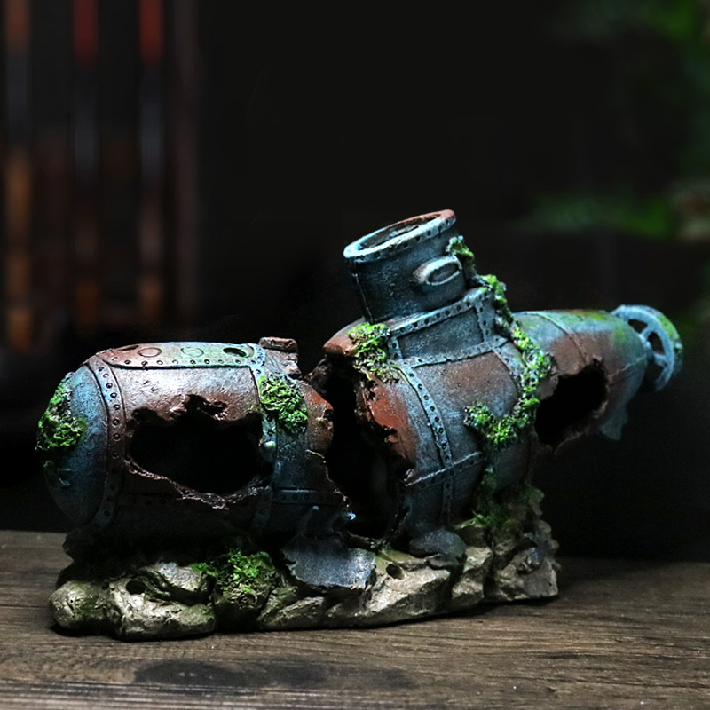 鱼缸仿真沉船海底残骸潜水艇鱼虾躲避屋树脂工艺品废弃破洞潜艇高清大图
