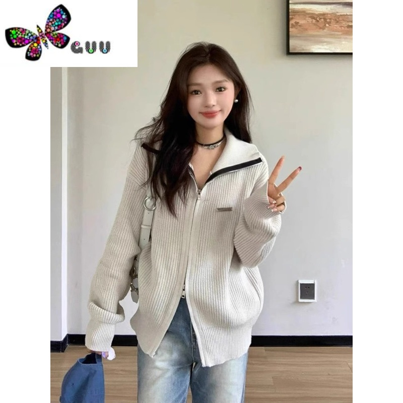 语娄设计感小众慵懒风灰色针织开衫早外搭宽松毛衣外套长袖上衣女