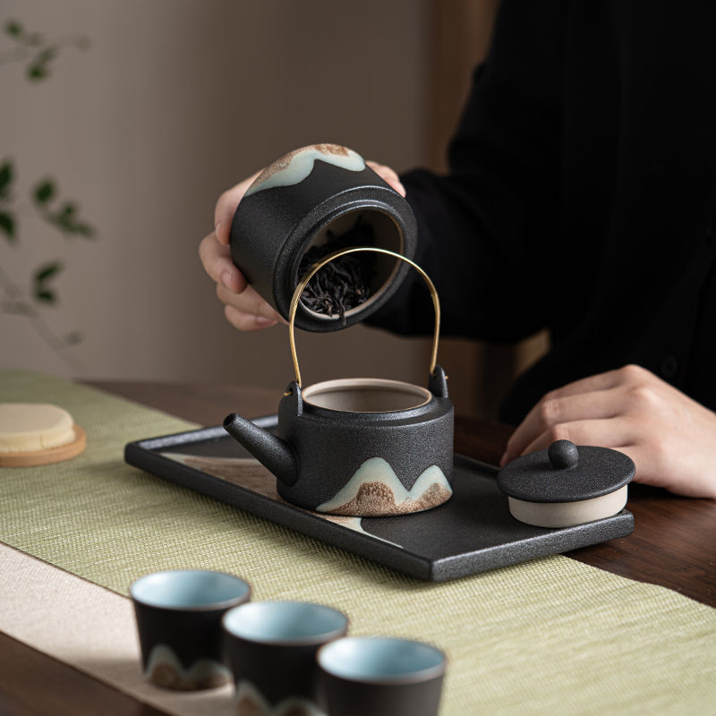 苏氏陶瓷(SUSHI CERAMICS)手绘彩画茶具提梁茶壶配精美干泡茶盘小茶叶罐7件功夫茶具套装礼盒装