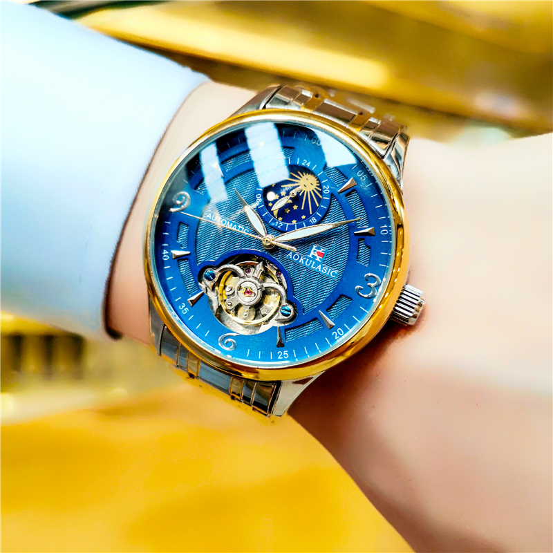 奥古拉斯全自动机械表双面镂空手表男士陀飞轮月相防水精钢蝴蝶扣潮流腕表 间金蓝面