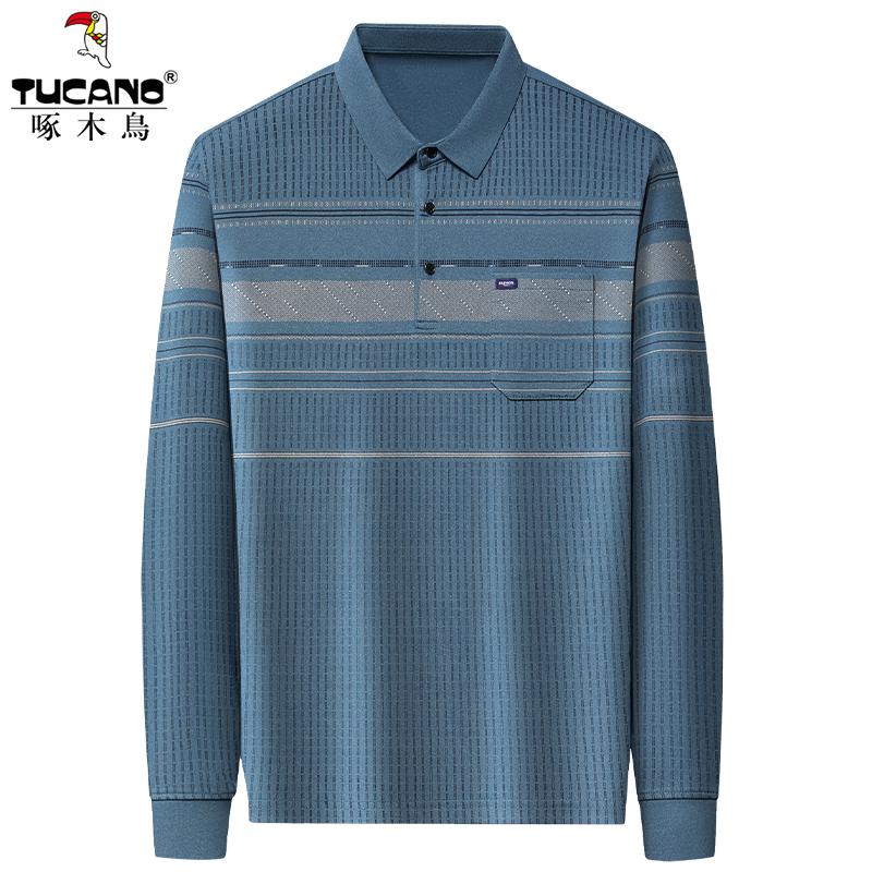 啄木鸟2025春秋季长袖T恤翻领带口袋男士中老年爸爸装上衣polo衫高清大图