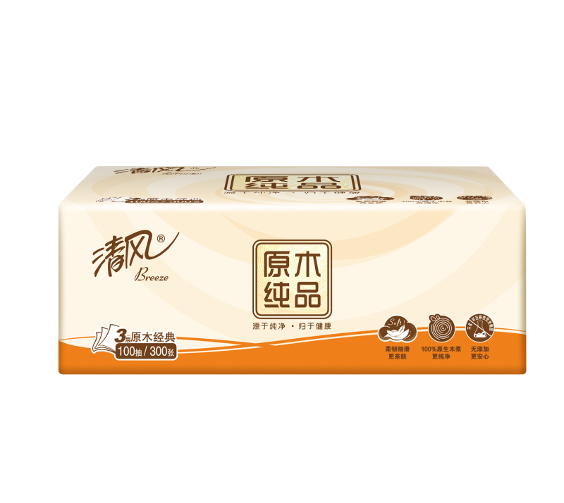 清风 原木纯品3层100抽 抽取式面巾纸24包*1箱 BR12XSC24BC高清大图