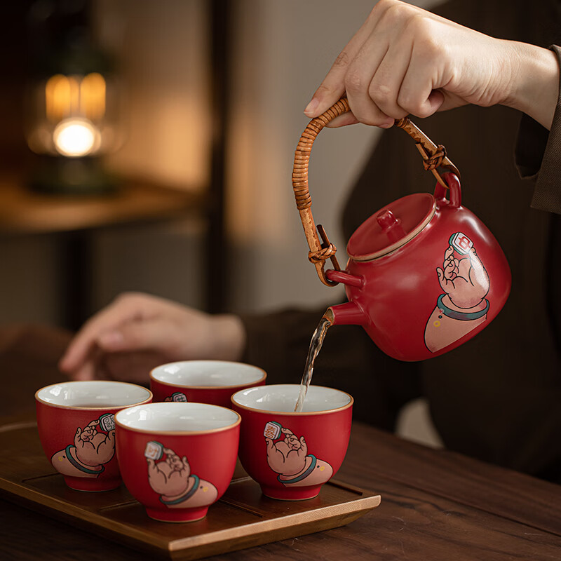 苏氏陶瓷/SUSHI CERAMICS J1115 走进故宫恭喜发财提梁温茶小套装 (单位:套)高清大图