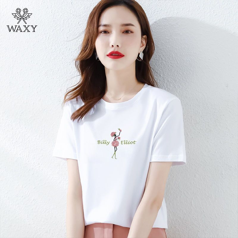 WAXY纯棉短袖T恤女白色运动上衣2022夏季新款宽松刺绣T恤休闲百搭