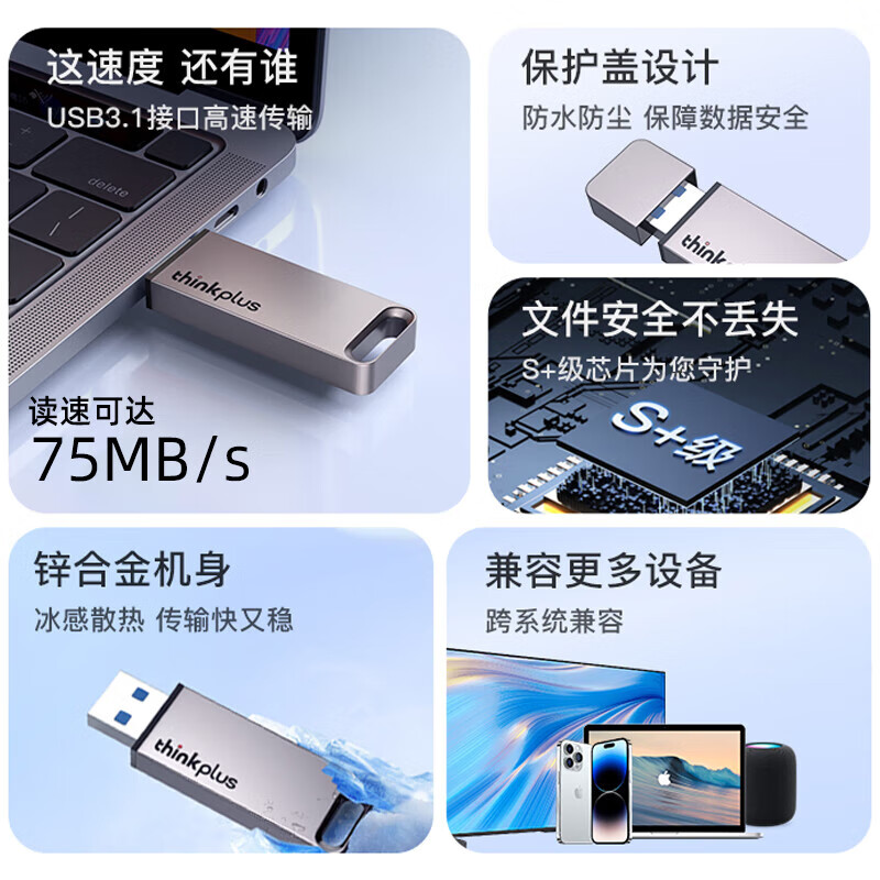联想ThinkPlus USB3.1U盘 TU100系列 商务金属闪存优盘 灰色 64GB高清大图