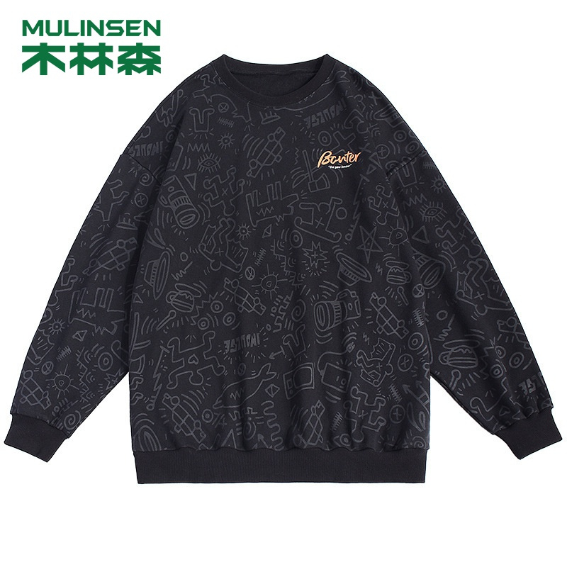 【直营】木林森(MULINSEN)秋冬新款潮牌圆领卫衣男嘻哈满印趣味涂鸦上衣户外休闲衣