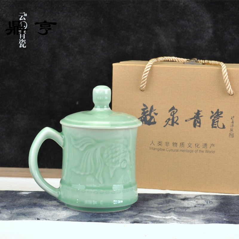 鼎亨产地风格款创意青瓷茶杯礼品定制陶瓷杯带盖随手马克杯办公杯