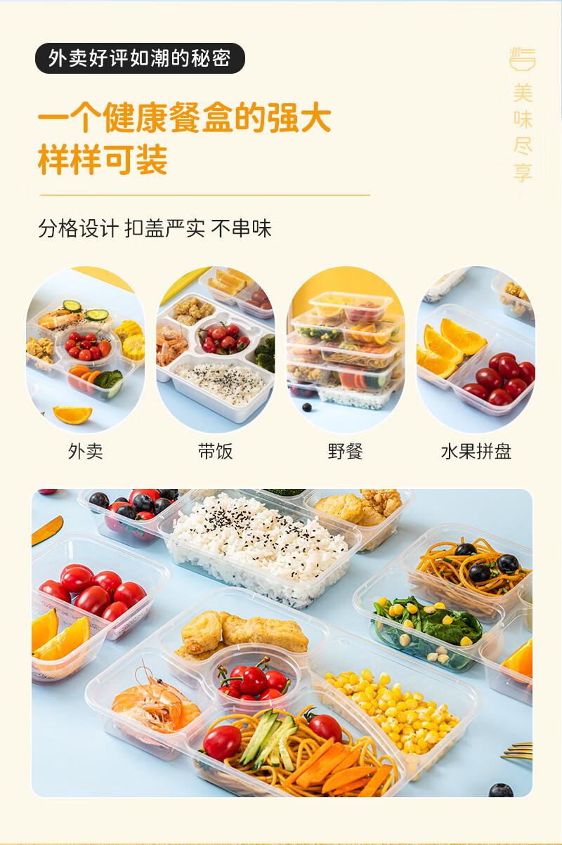融盒 方形透明餐盒 韩式五格 150套/箱 一次性碗方形饭盒外卖快餐盒食品级泡面碗筷塑料打包盒高清大图