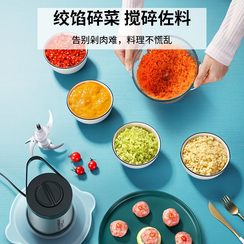 HYUNDAI电动绞肉机 多功能料理机家用碎肉机宝宝辅食机蒜蓉机打蒜器绞馅机搅拌机搅肉机 可绞1斤肉2L玻璃碗