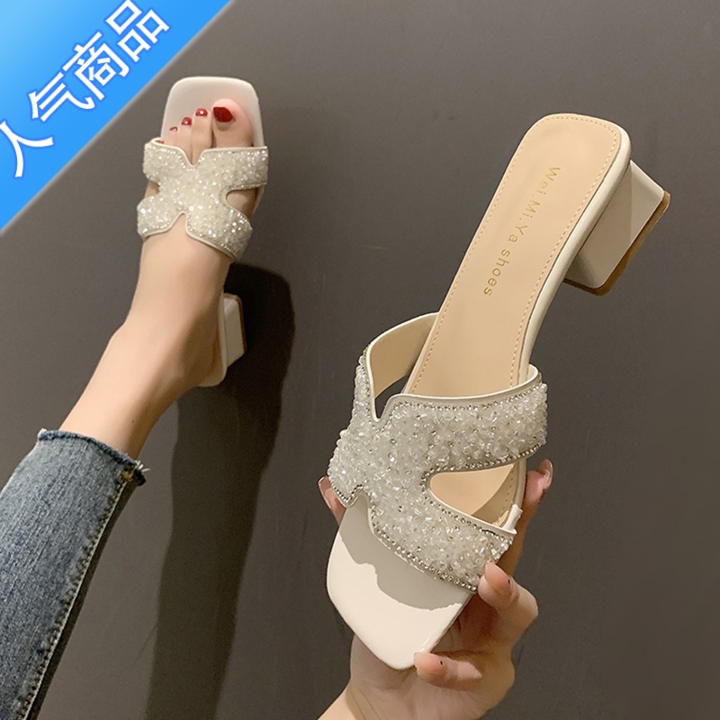 SUNTEK拖鞋女粗跟外穿2023夏季新款百搭水钻时尚小众中跟凉鞋一字凉拖潮高清大图