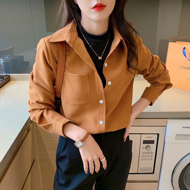 2021秋冬新款斜纹磨毛设计感衬衣女宽松显瘦叠穿小众叠穿上衣女