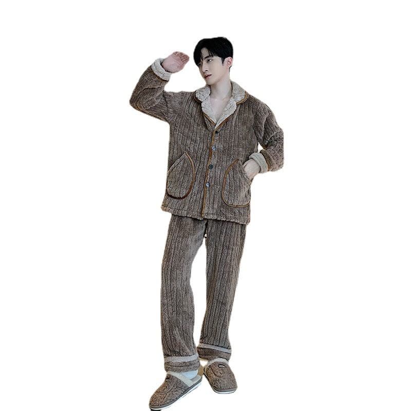 2022睡衣男士新款珊瑚法兰绒加厚西装翻领两件套套装家居服莎丞图片
