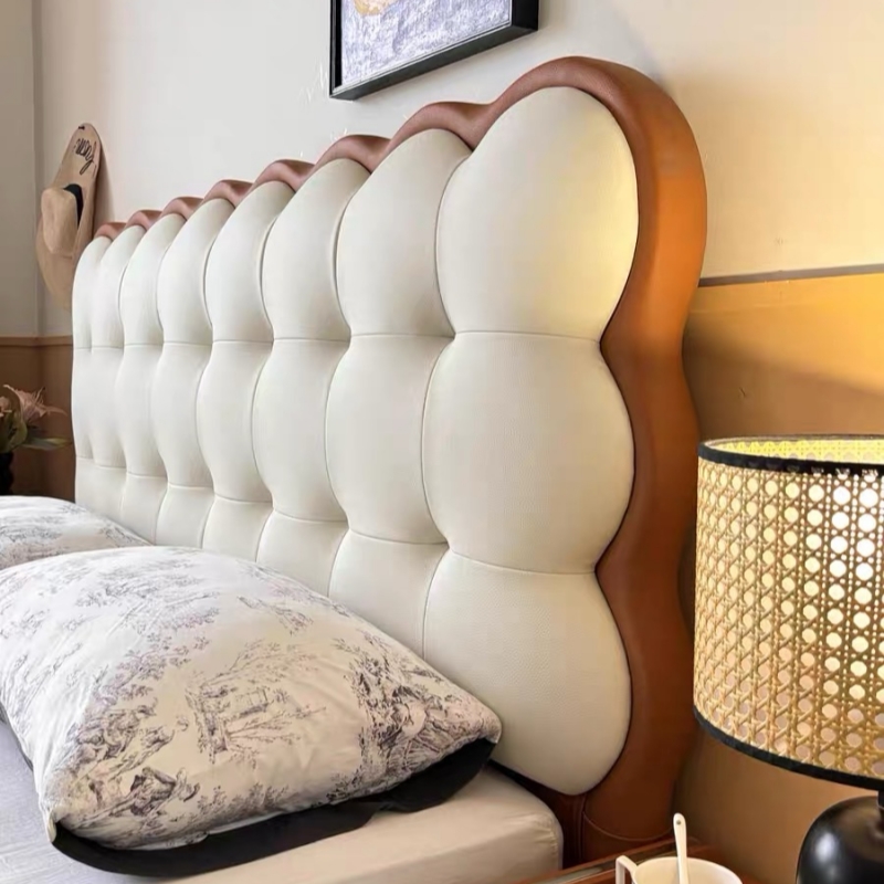 【苏宁专属】饼干床全实心实木头层牛皮主卧大床软靠包床现代简约轻奢高清大图