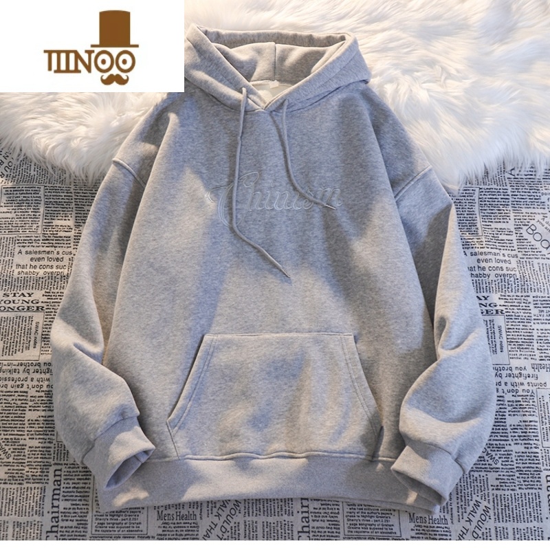 YANXU重工刺绣连帽卫衣潮牌男冬美式高街hiphop风宽松加绒加厚套头