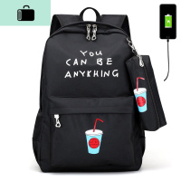 书包女中学生韩版学院风双肩包女初中生校园背包女生两件套带USBNEWLAKE 可乐黑色