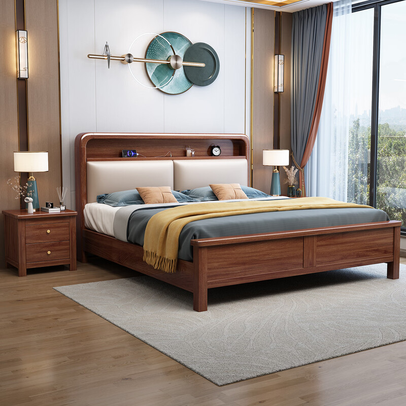 苏宁 质凡 宿舍公寓胡桃木带软包实木床框架结构/ZF-SMC060/1.8米*2米高清大图