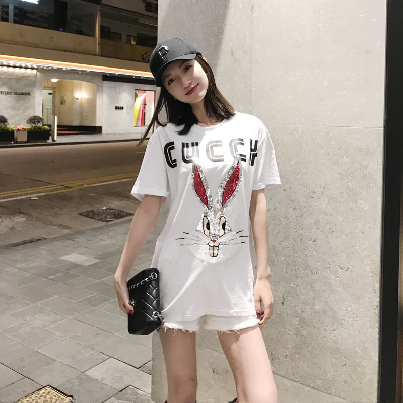 2018春夏款兔子亮片刺绣体恤女纯棉宽松中长款男女情侣装T恤