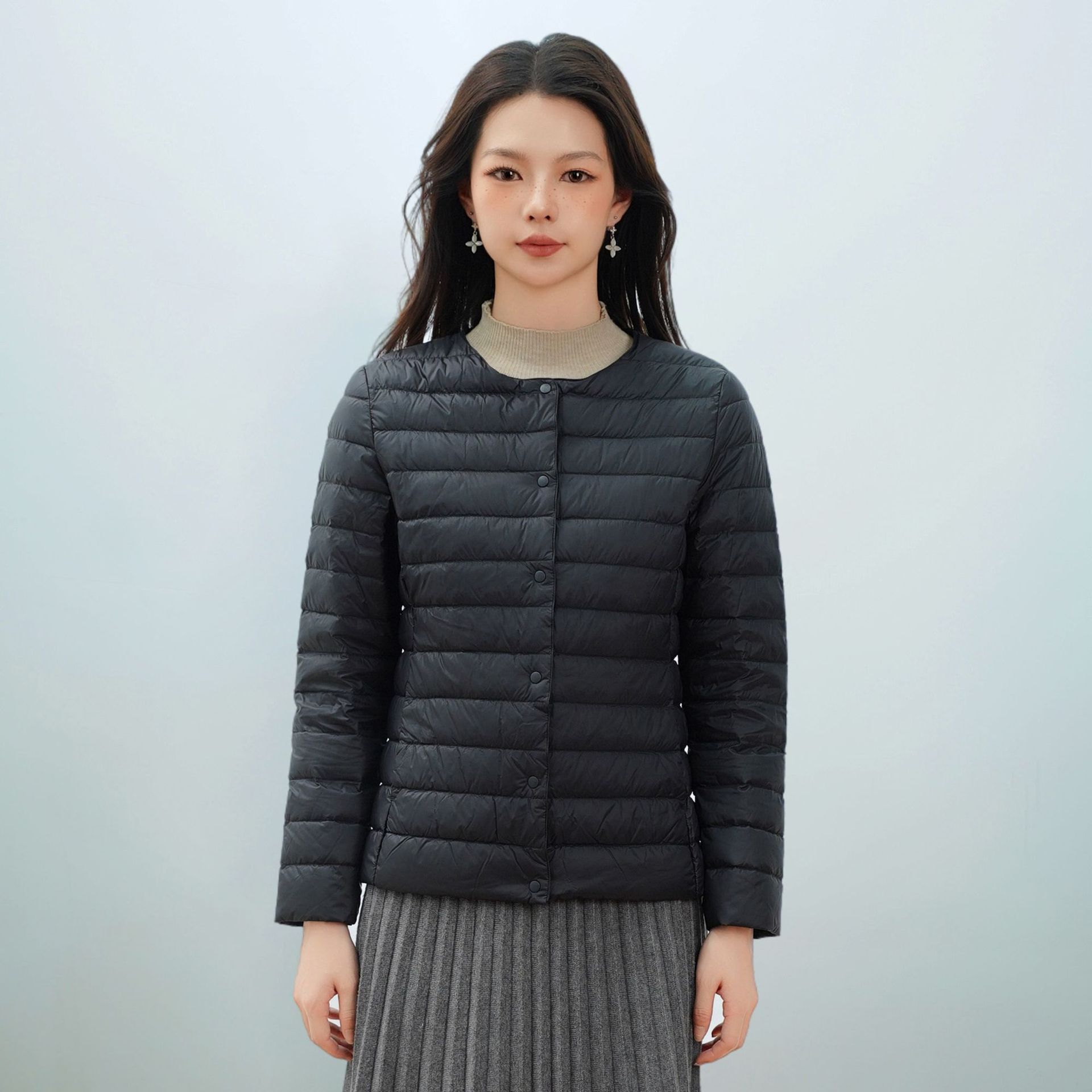 女式新国标90绒新款纯色女装圆领V领简约长袖羽绒服外套 黑色 XL