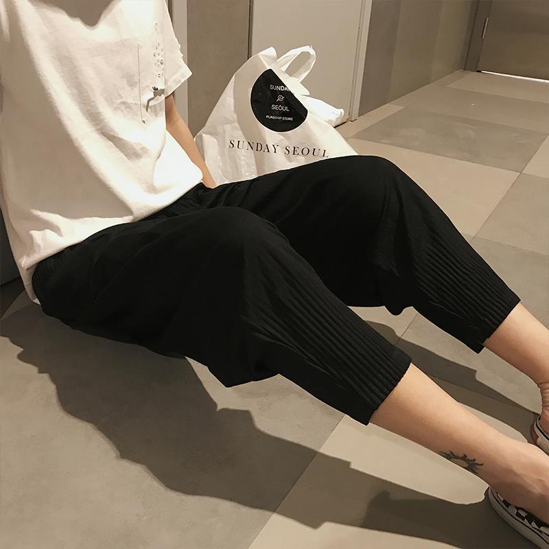 纯色休闲裤中国风宽松运动裤束脚褶皱裤大码男九分哈伦裤灯笼裤子