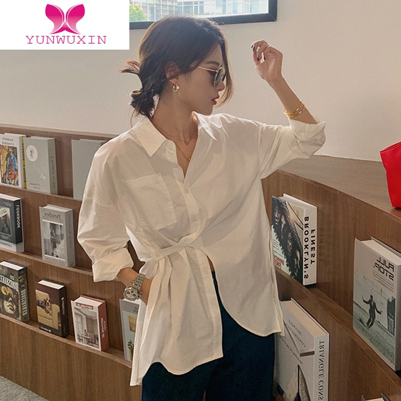 YUNWUXIN2022新款设计感小众长袖白衬衫女不规则开叉宽松显瘦别致上衣