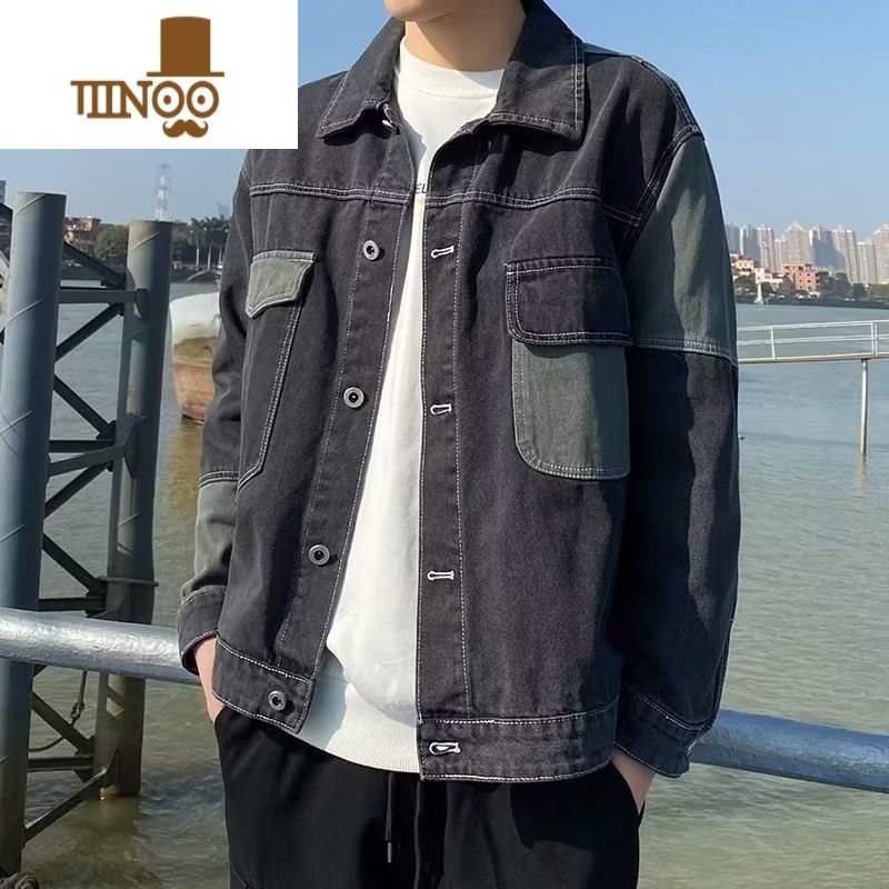 YANXU2023秋季拼接撞色牛仔外套男士潮牌宽松百搭潮流翻领工装休闲上衣高清大图