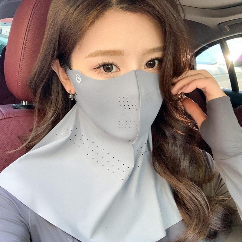 可喝水防晒面罩女夏季遮全脸冰丝口罩护颈一体脸基尼骑行防紫外线 护颈浅灰【半脸冰皮面罩】